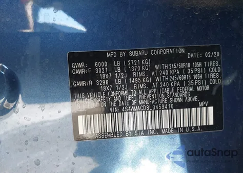 2020 Subaru Ascent Premium из США, поврежденный, VIN 4S4WMACD8L3459410